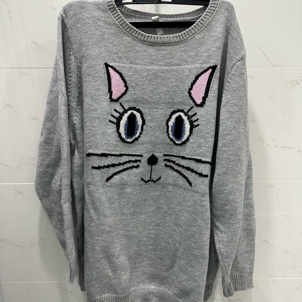 Gray Cat Face Sweater